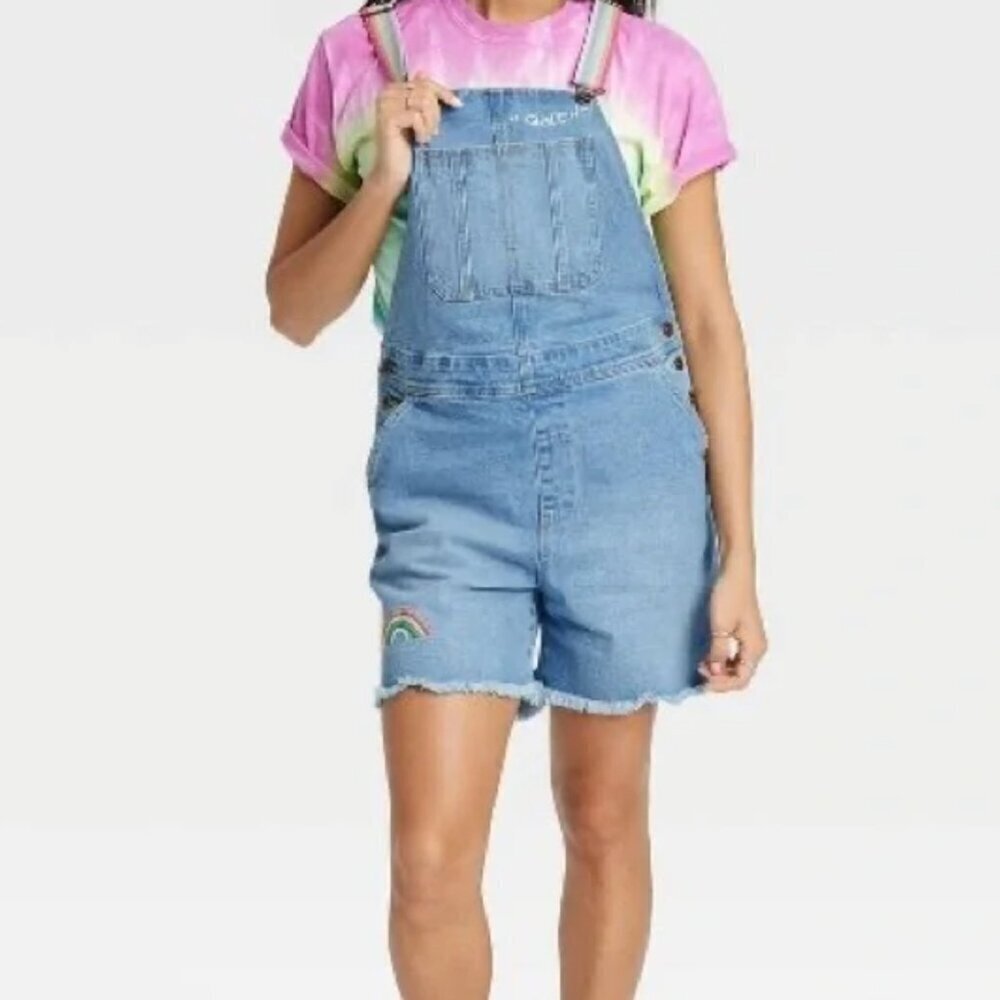 Women's Pride Rainbow Queen Shortall Bib Overalls Denim Light Wash Blue Sz M